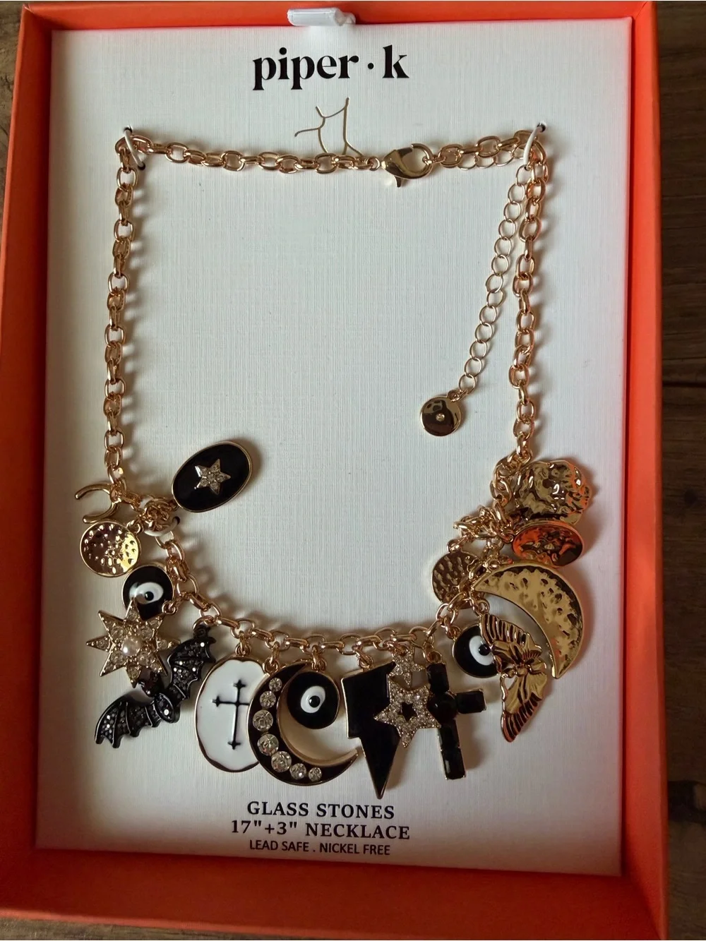 NWT Piper K Halloween Charm Necklace | Spooky Gothic Bat Moon Star Spells